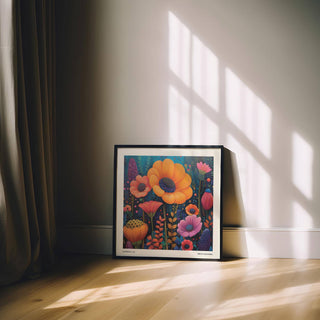 Japanese Modern Art print leaning on the floor with orange and pink flowers in sunlight by a curtain