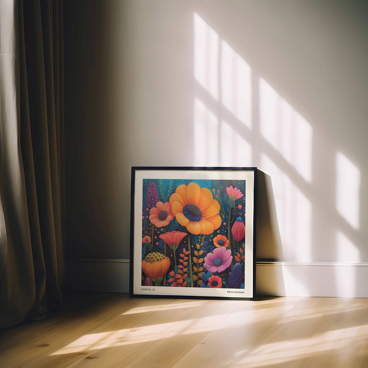 Japanese Modern Art print leaning on the floor with orange and pink flowers in sunlight by a curtain
