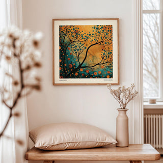 Orange and teal wall art of an abstract tree hung above a wooden table with a beige cushion and vase