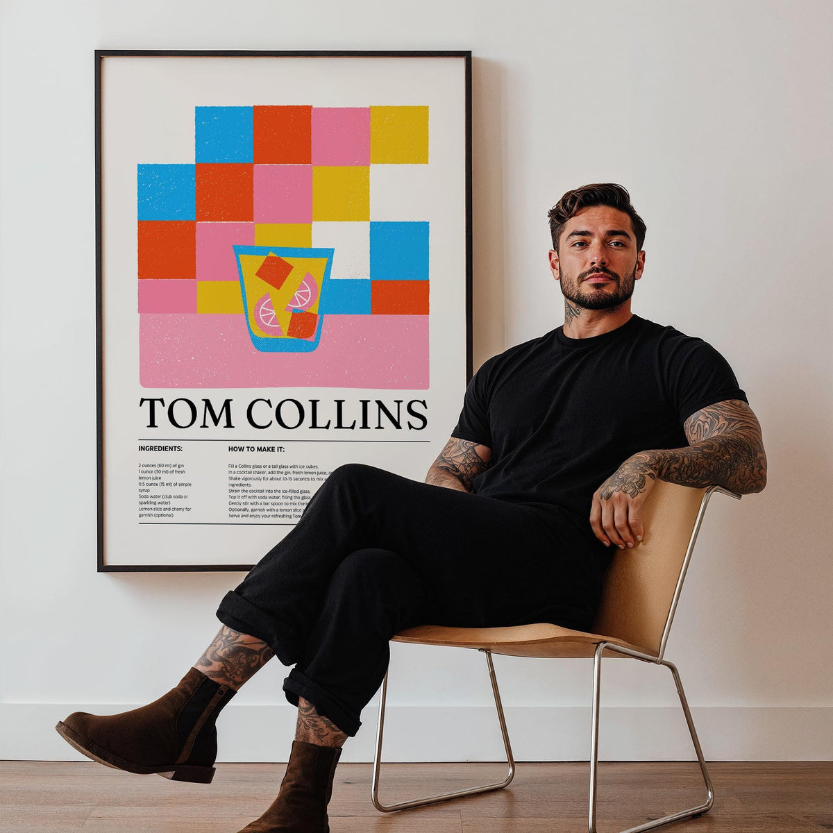 Colorful Bar Prints Tom Collins wall art in minimalist style with bright squares and a cocktail glass beside a seated man