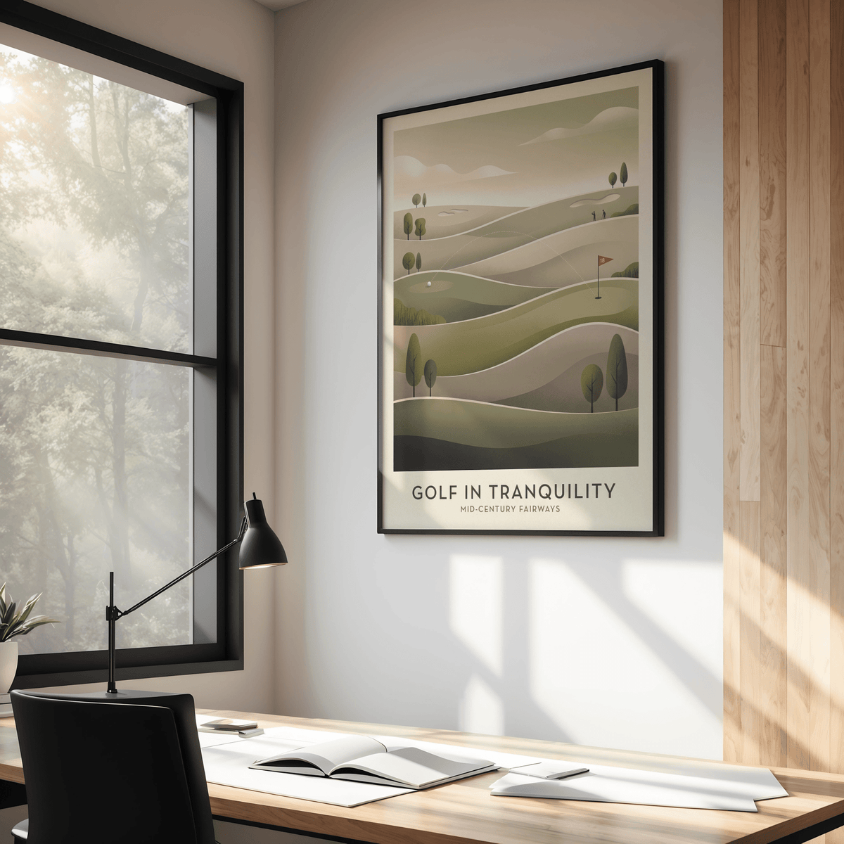 Mid-century golf art print of a golf course landscape with soft greens and beige above a desk