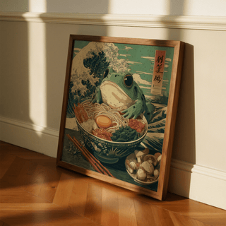 Frog Ramen Art framed print leaning on a wooden floor with shadows cast on a cream wall