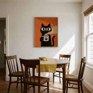 Cat Coffee Mug Print hanging above a dining table with wooden chairs and a yellow runner