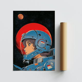 Space Girl Art print showing a female astronaut in a blue helmet beside a packaging tube
