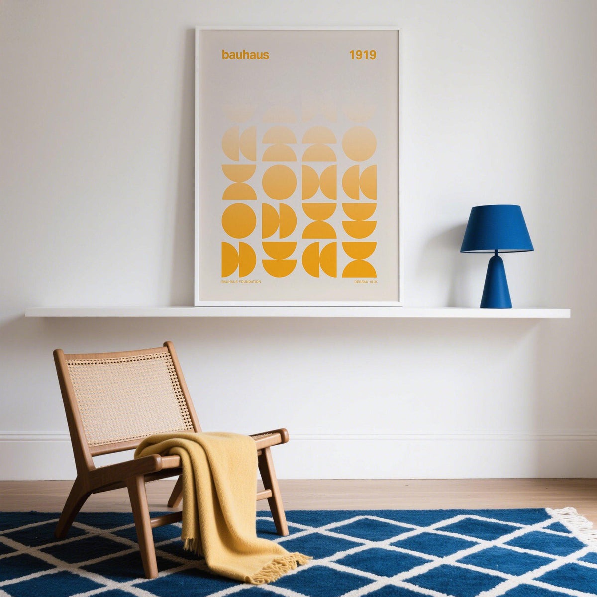 Posters Bauhaus framed print of a yellow geometric grid on a white shelf with a blue lamp in a white room