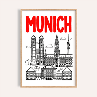 Framed Munich City Poster with black line art city skyline and red text on a white wall