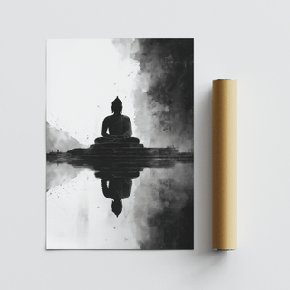 Meditation Art Print flat with a rolled packaging tube showing a black and white Buddha statue