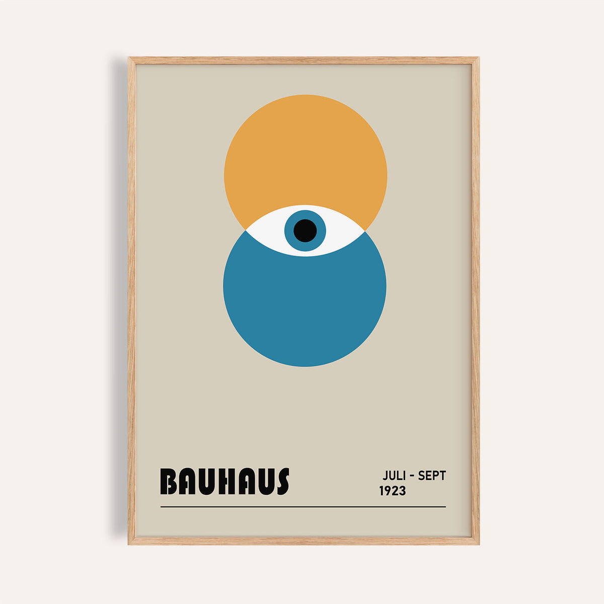 Framed Bauhaus painting with abstract eye in yellow and blue circles on beige background