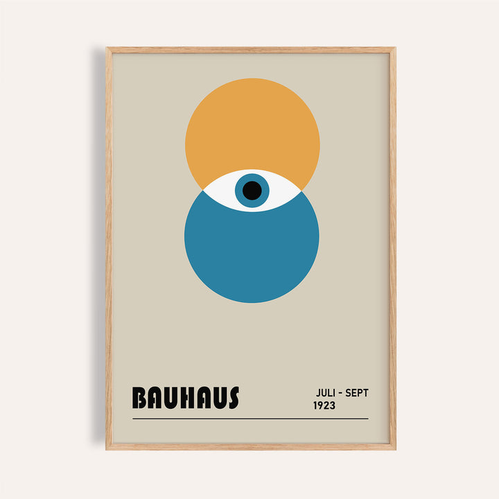 Framed Bauhaus painting with abstract eye in yellow and blue circles on beige background