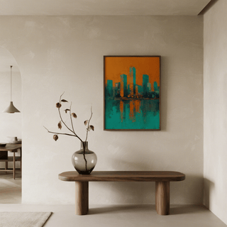 Modern Skyline Poster shown on a textured wall above a wooden console table with a glass vase and dried stems