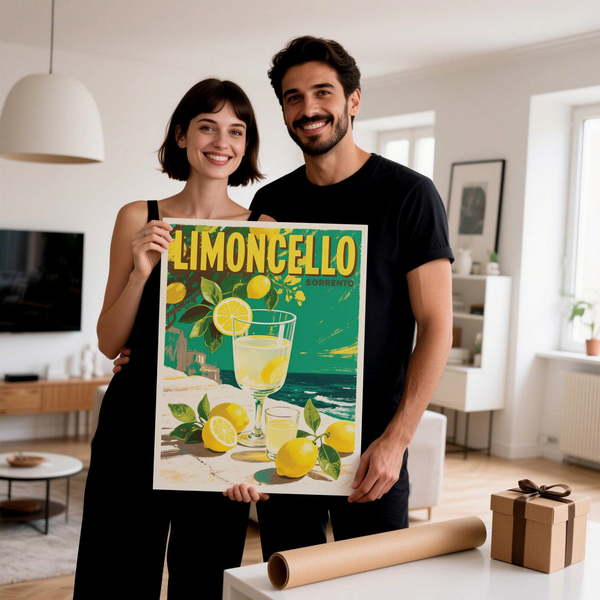 Print held in hands of vintage limoncello drink illustration with lemons and green background