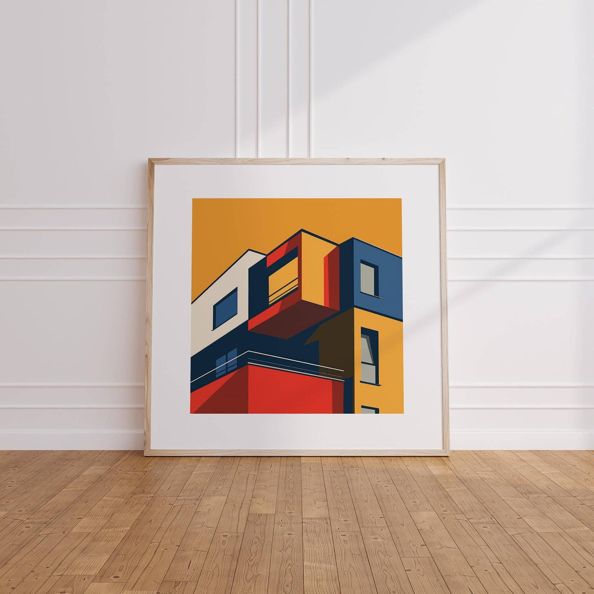 Print leaning on a floor of a minimalist building facade illustration in warm and cool colours