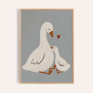 Mother Goose art print of a white goose and gosling on a grey background with a small red heart