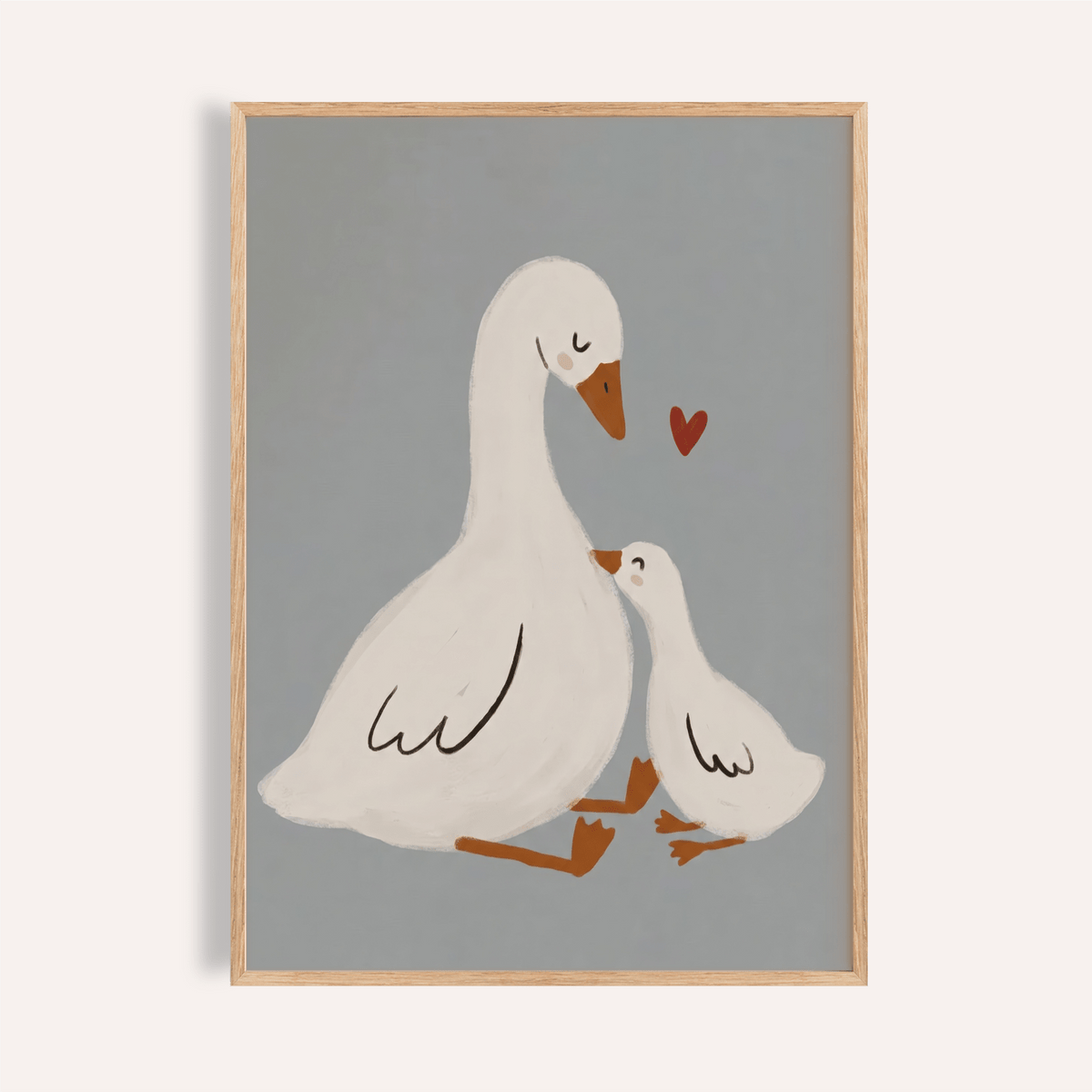 Mother Goose art print of a white goose and gosling on a grey background with a small red heart