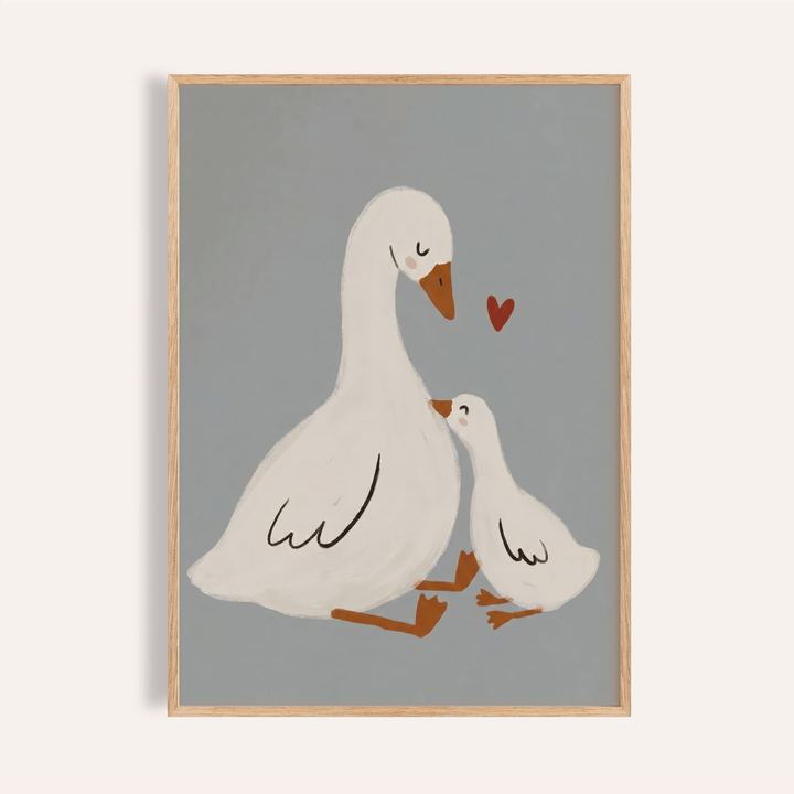 Mother Goose art print of a white goose and gosling on a grey background with a small red heart