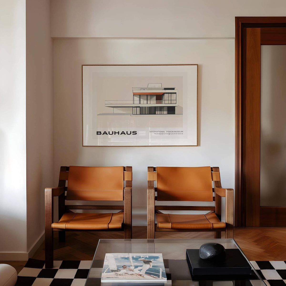 Architecture art print of a modernist building in beige and orange above two brown chairs