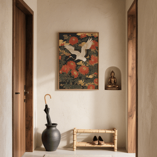 Crane Floral Art Print on a pale wall above a bamboo shoe rack in a hallway scene with a black umbrella in a pot