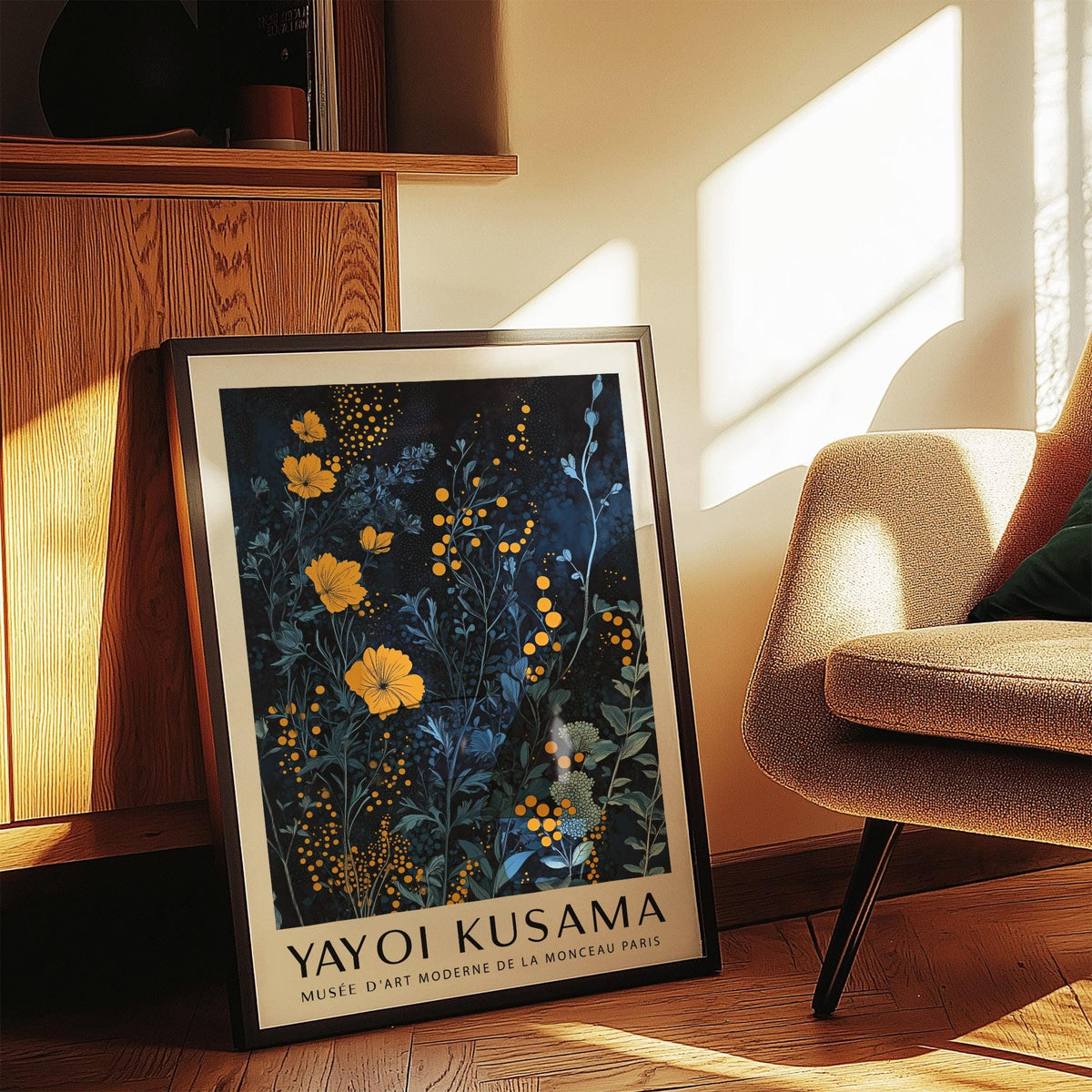 Print leaning on a shelf of yellow and blue flowers illustration with a wooden cabinet and armchair nearby