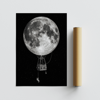 Moon hot air balloon art print next to a brown packaging tube on a white surface