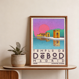 Framed Templo De Debod Art Print illustration of the temple with bright pink sun and turquoise water on a table with a plant