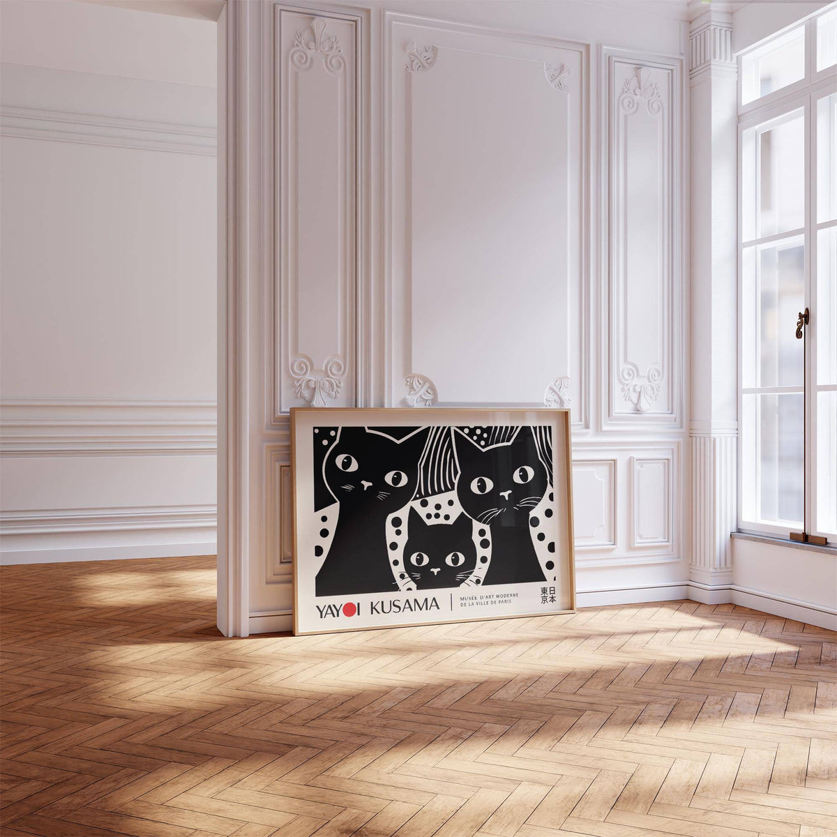 Black Cat wall art leaning on wooden floor in a bright room with ornate white walls
