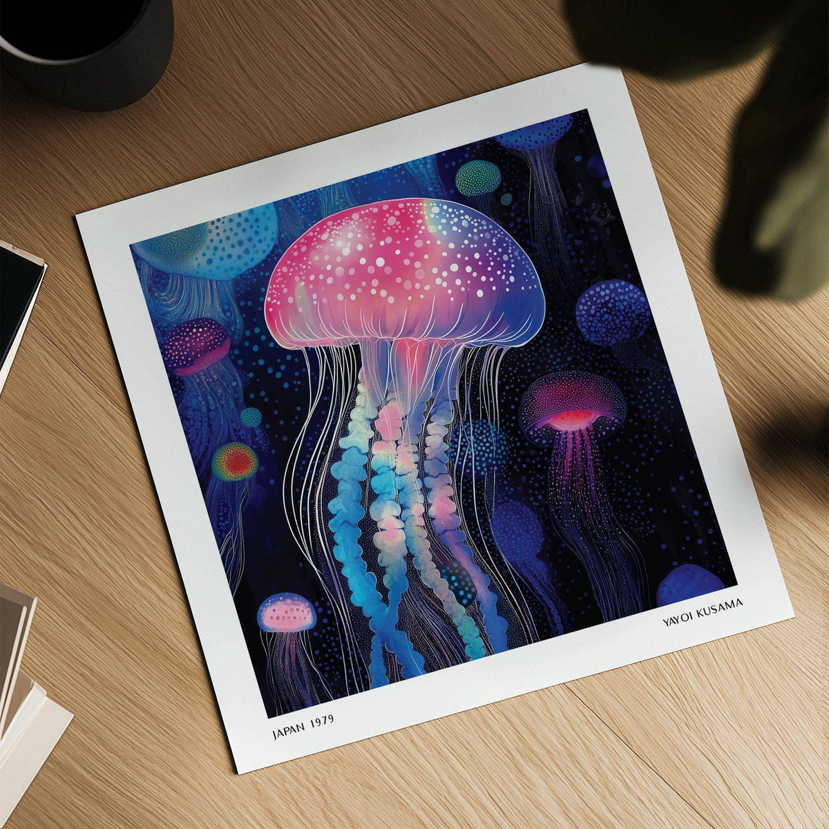 Print showing glowing jellyfish in pink and blue on a light wooden table with a black cup nearby