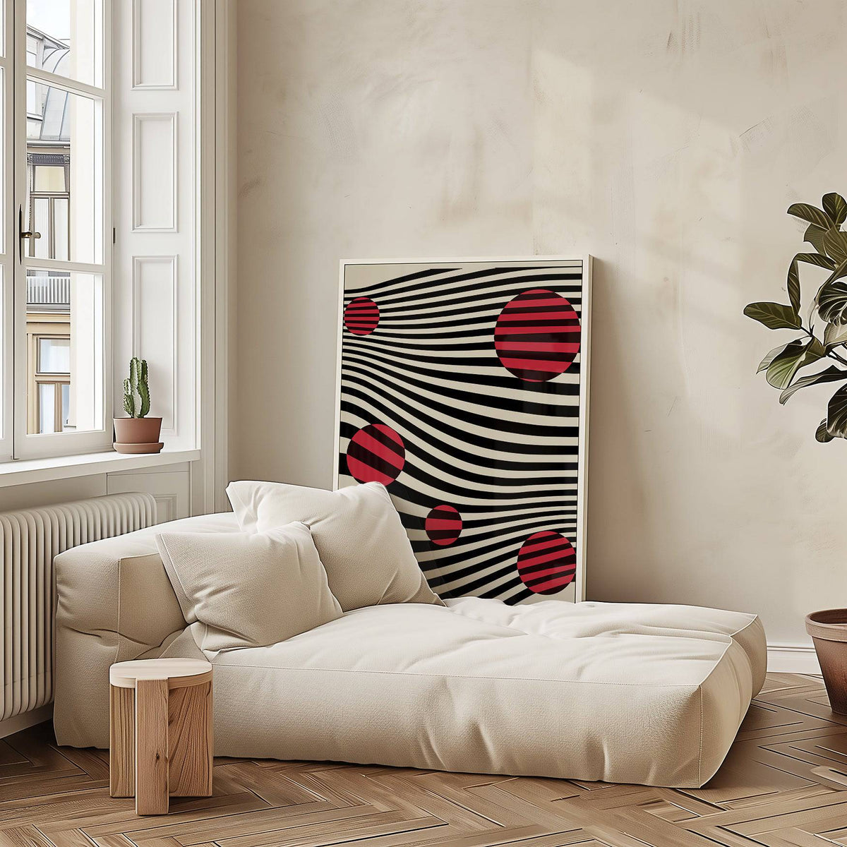 Print leaning with red striped circles on wavy black lines near a cream sofa and wooden side table