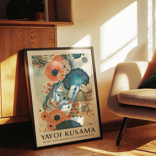 Abstract Floral Poster leaning against a wooden cabinet with soft sunlight and a beige armchair