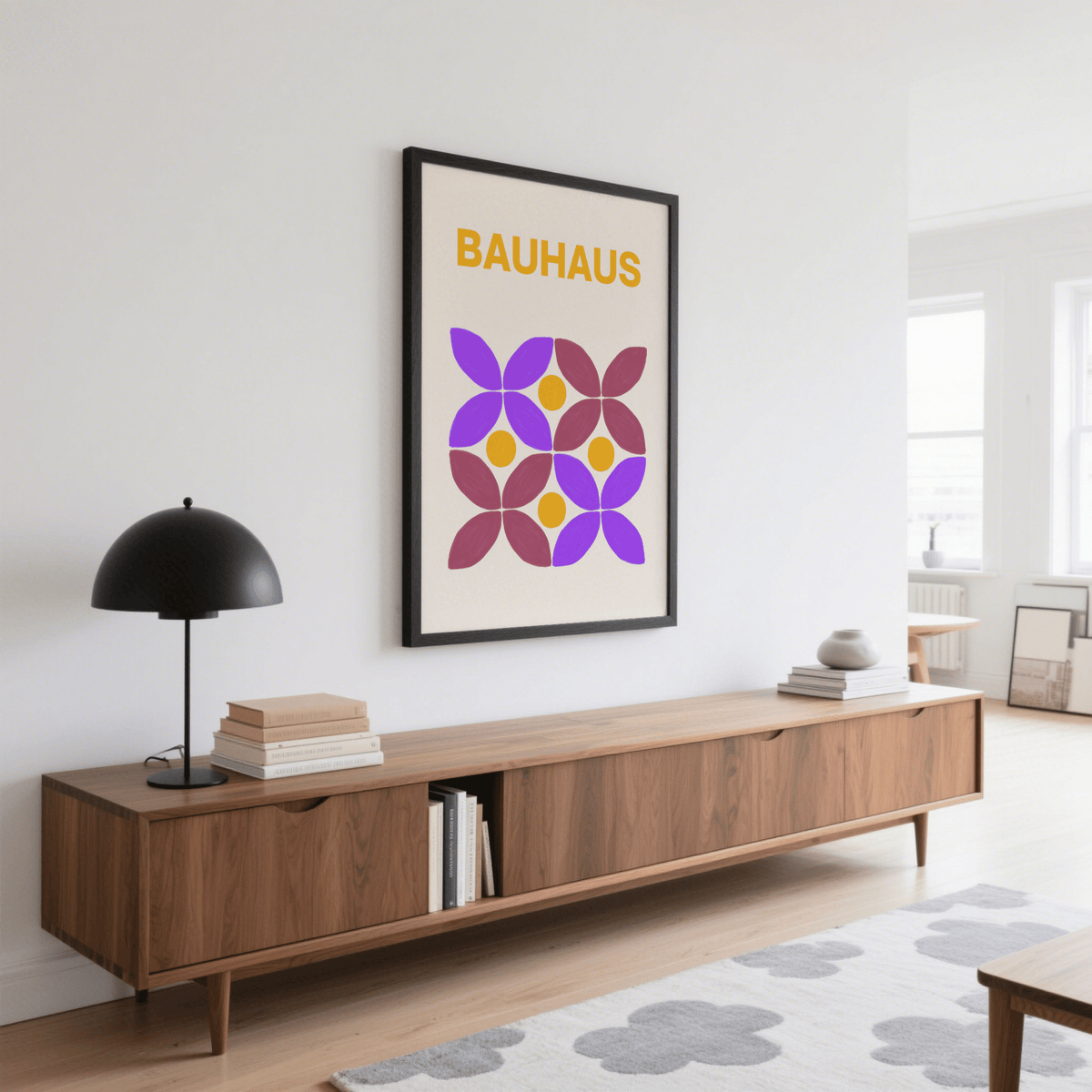 Floral Shape Art framed print with purple and brown flowers and yellow text above a sideboard in a living room