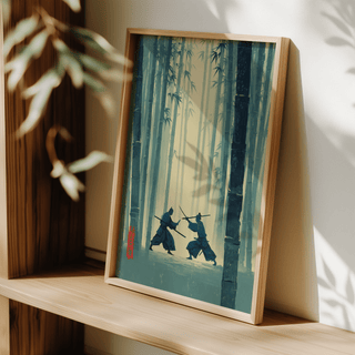 Framed print of samurai bamboo wall art with blue and green tones leaning on a wooden shelf