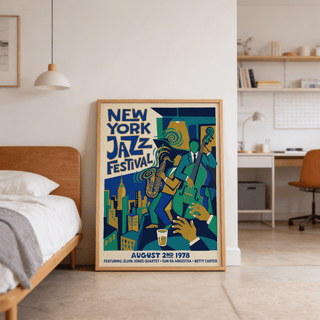 Jazz Music Poster print leaning on a floor in a bedroom showing retro jazz musicians in blue, green and yellow