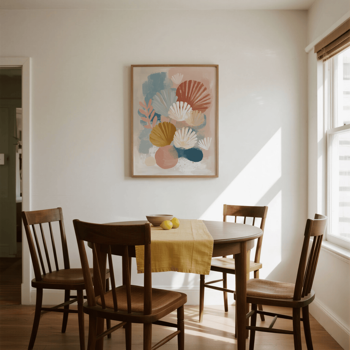 Abstract Botanical Print hanging above a wooden dining table with a mustard runner in a bright room