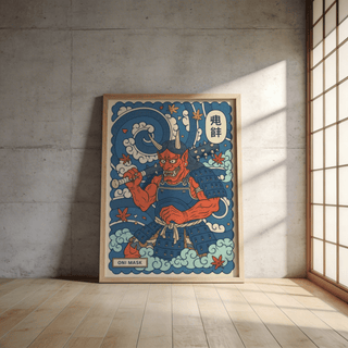 Japanese Oni Mask print leaning on floor with sunlit wall and window beside it