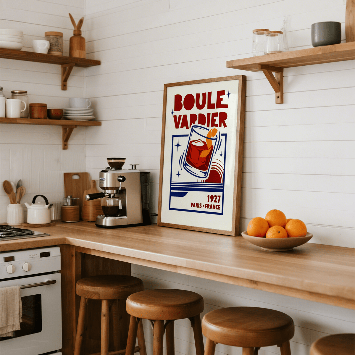 Boulevardier Cocktail Print leaning on a kitchen worktop with a bowl of oranges nearby