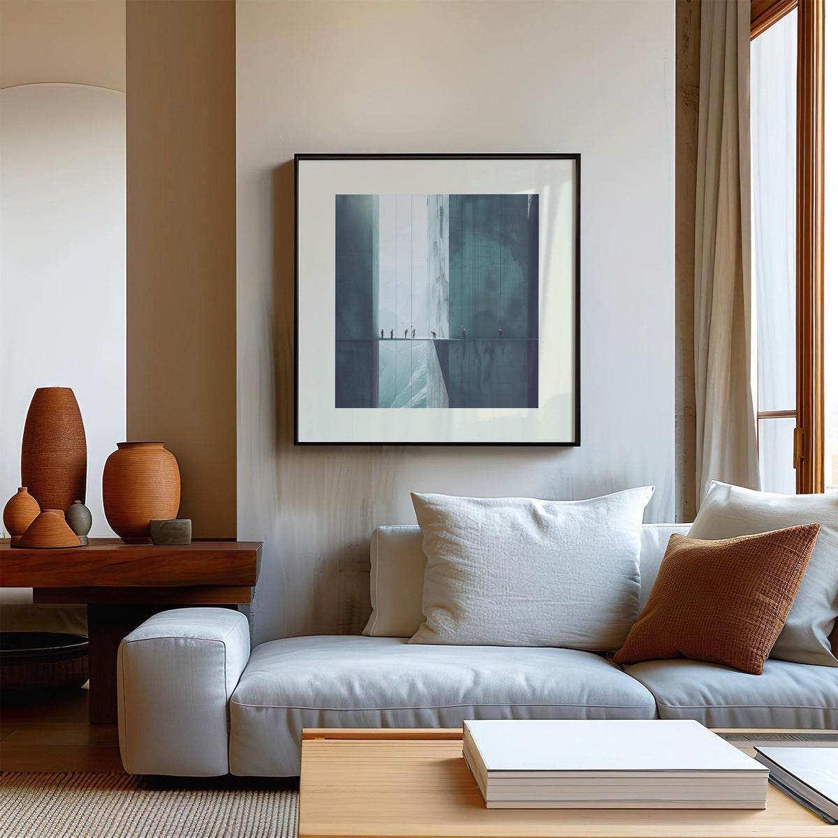 Surreal art prints showing minimalist rope climbers in blue and grey tones above a white sofa
