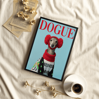Italian Greyhound wall art with a grey dog wearing red earmuffs and a patterned jumper framed in black