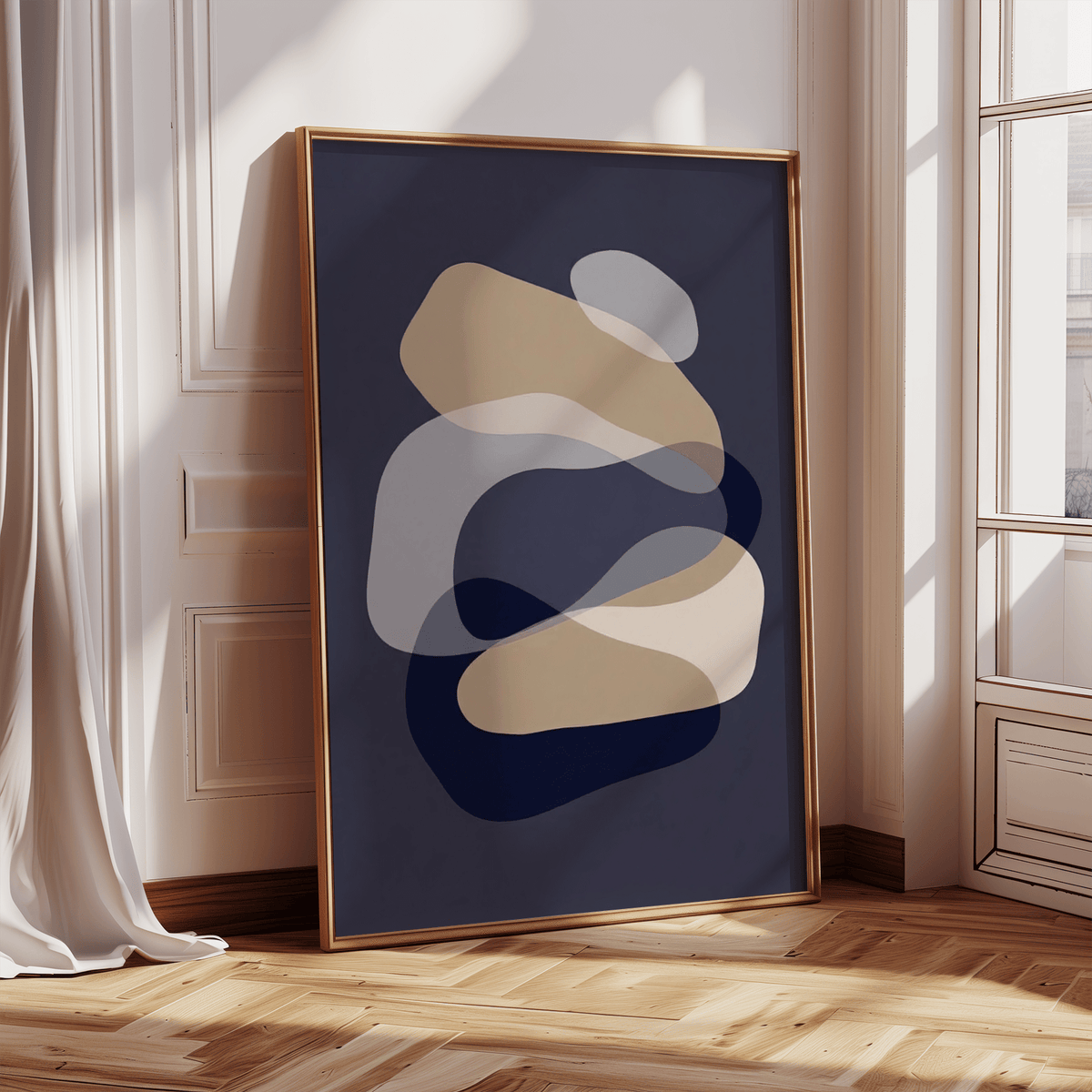 Abstract Art Shapes print leaning on a wooden floor with natural light and cream curtains nearby