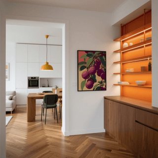Plum Poster on a wall with purple plums and green leaves next to an orange backlit shelving unit