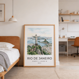 Cristo Redentor Poster print leaning on the floor with a beige wall and a bed nearby