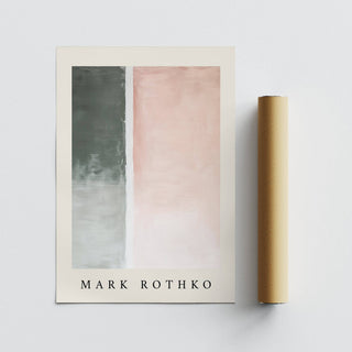 Art Wall Painting with abstract pastel blocks in grey and pink tones next to a rolled packaging tube