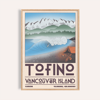 Framed Tofino Landscape Art Print showing a surfer on a wave by a campfire with mountains in the background