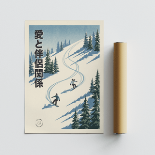 Snowboarding wall art showing two snowboarders descending a snow slope with pine trees and Japanese text alongside a packaging tube