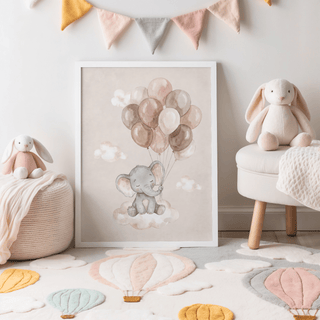 Moon And Sun Print leaning on the floor in a child's room with soft pastel balloons and bunny toys