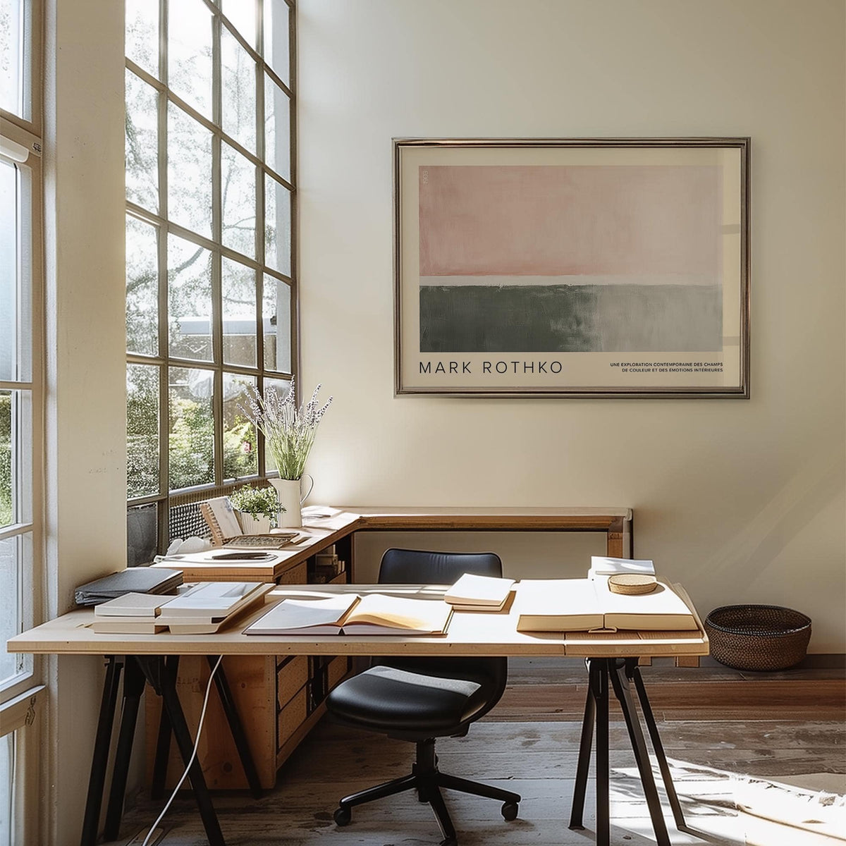 Horizontal wall decor of abstract blocks in pink and grey hanging above a desk with an office chair