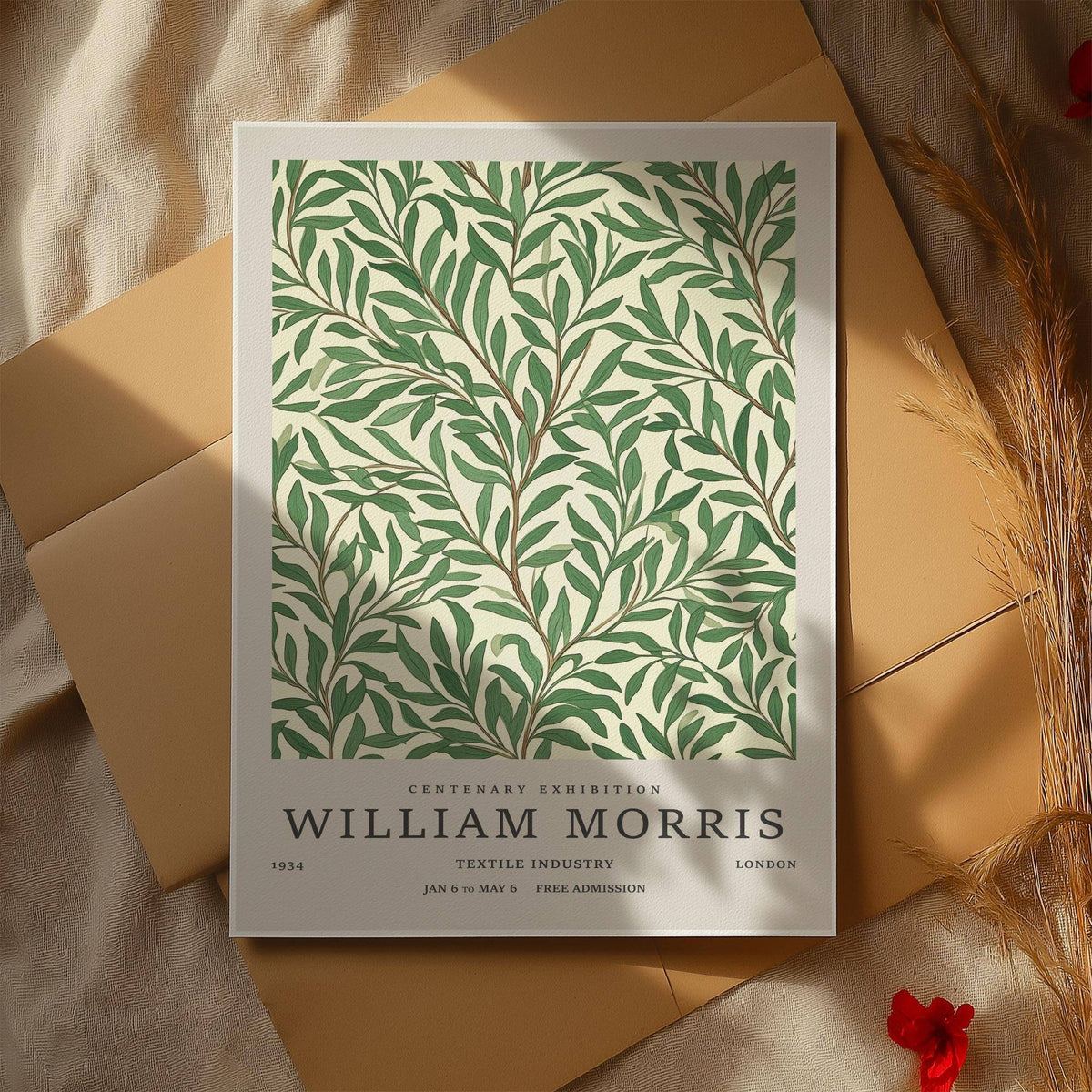 Classic Art Posters showing a botanical willow branch and leaf design in green and cream on a textured surface with dried plants nearby
