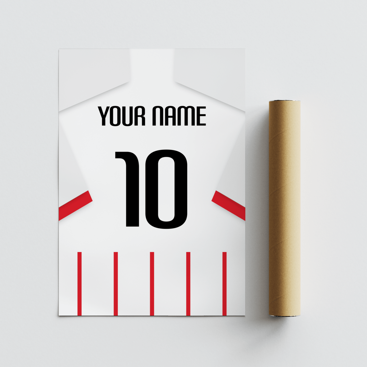 Football Shirt Poster in Red and White Stripes with White Sleeves flat print with packaging tube on a light surface