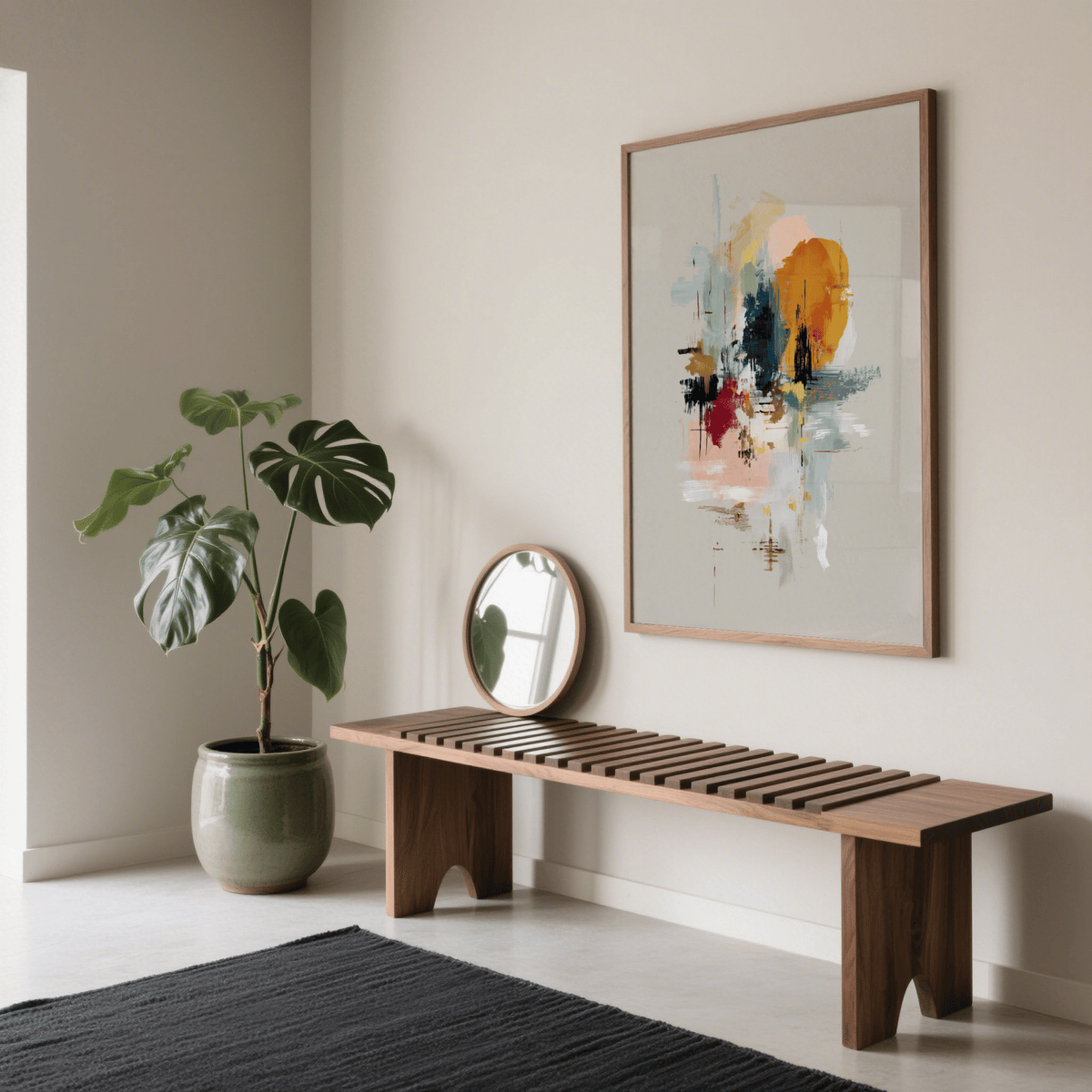 Abstract wall art with colourful shapes in muted tones above a wooden bench in a minimal room