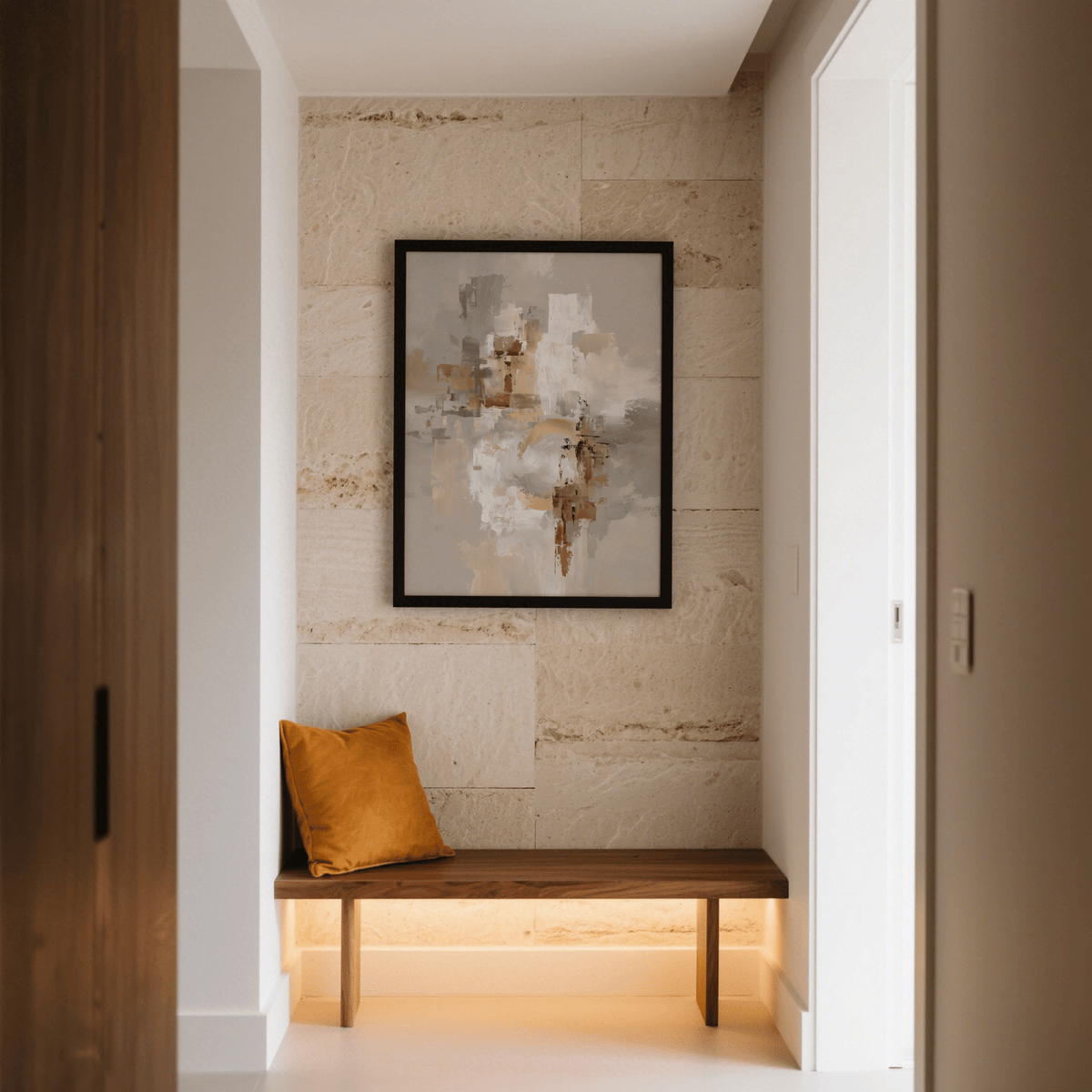 Abstract Gold Wall Art framed print with gold and grey abstract shapes above a wooden bench with a mustard cushion in a hallway