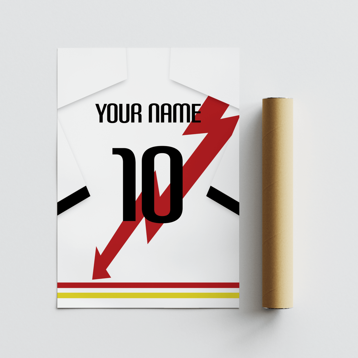 Football Shirt Poster in White with Red Lightning Bolt shown next to a brown packaging tube on a grey surface