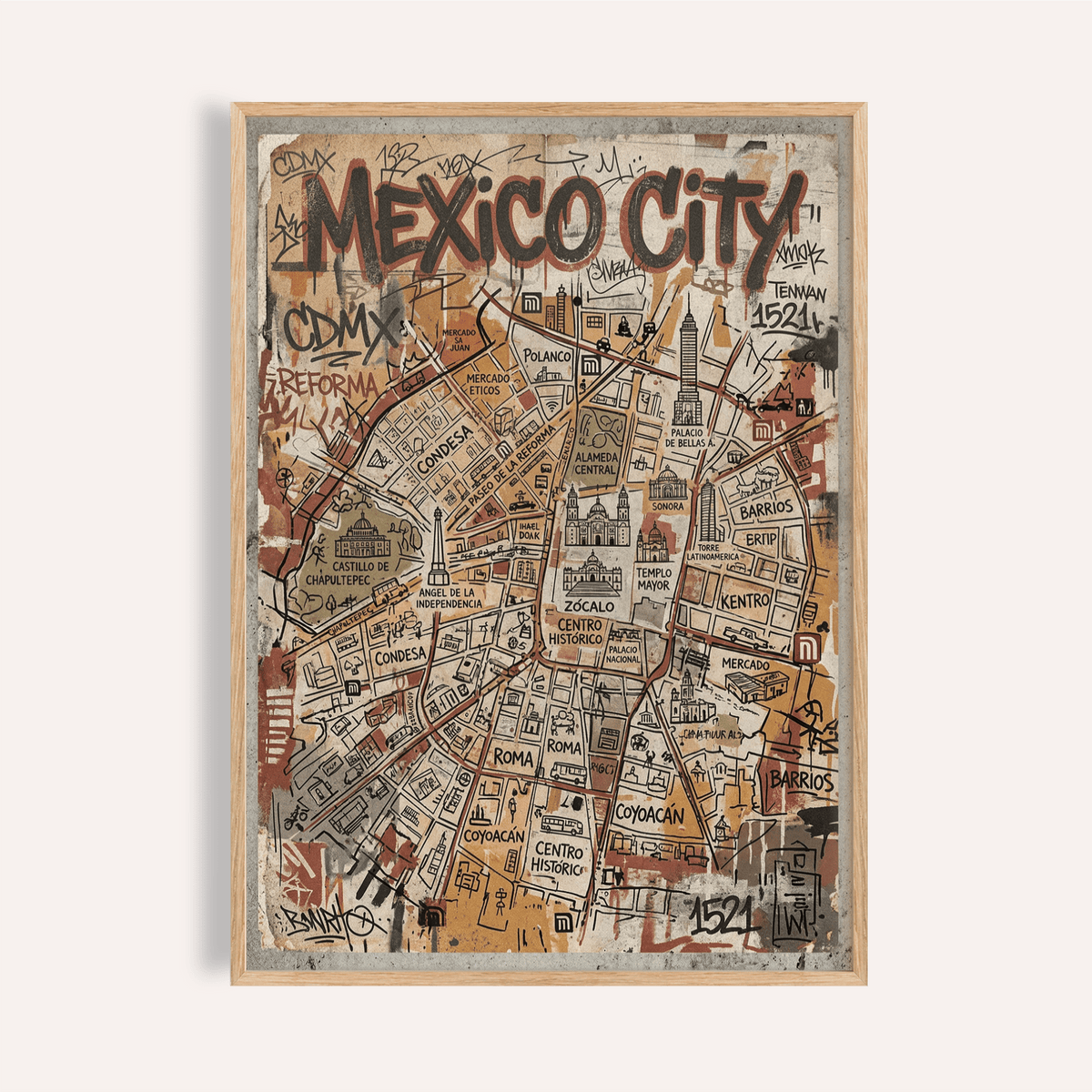 Framed Mexico Map Poster in street-art style with brown and grey tones leaning on a grey surface